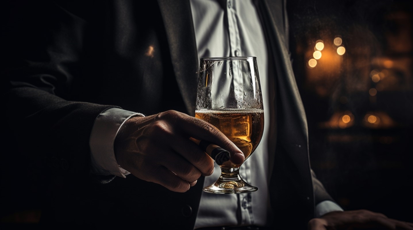 An elegantly dressed man holding a glass of beer