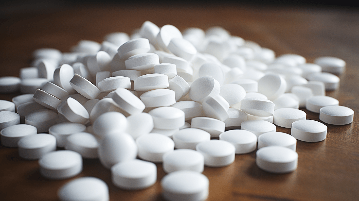 A pile of small white Adderall pills laying on a wooden table