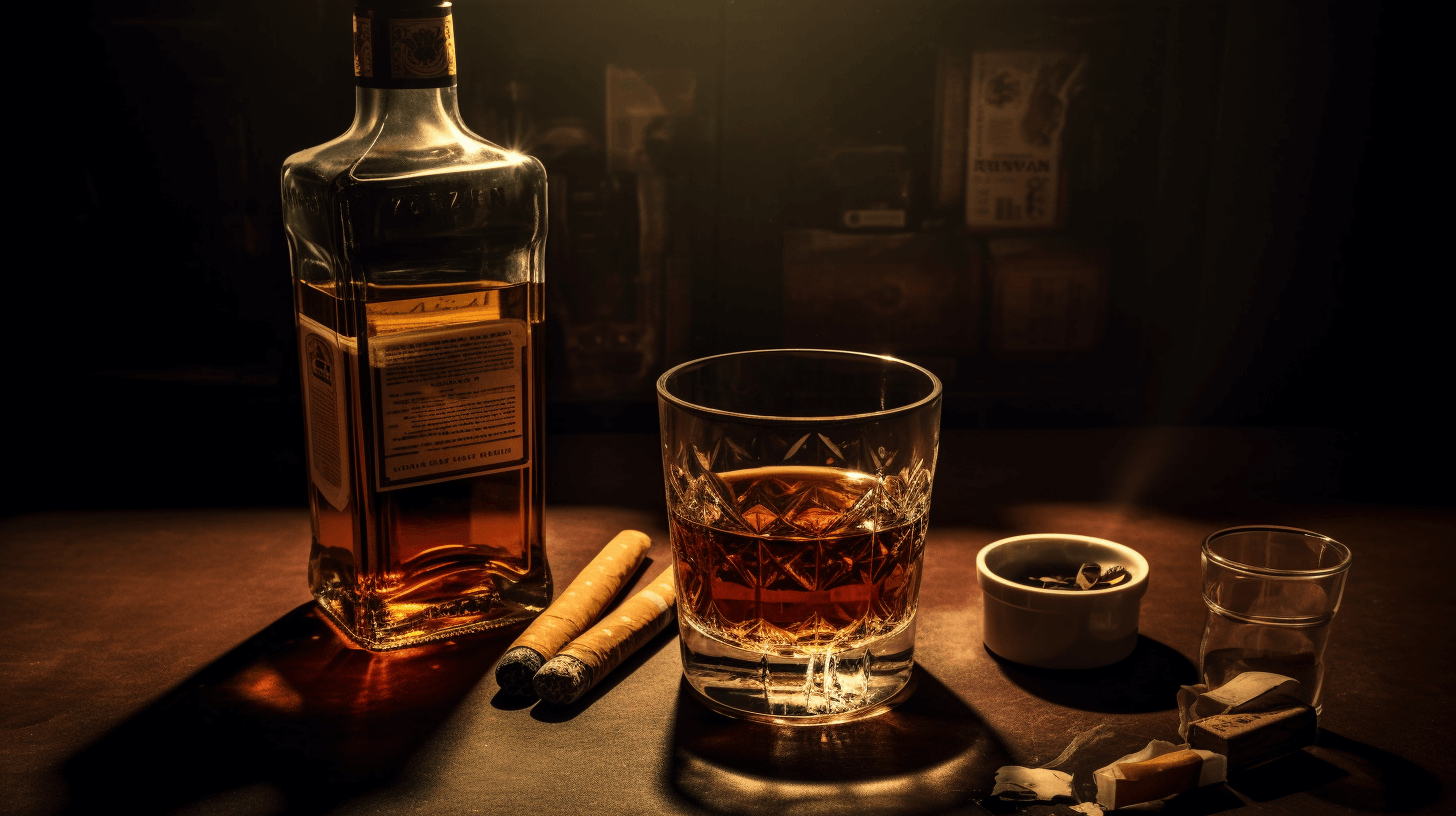 Whiskey and cigars laying on a table in a dimly lit room